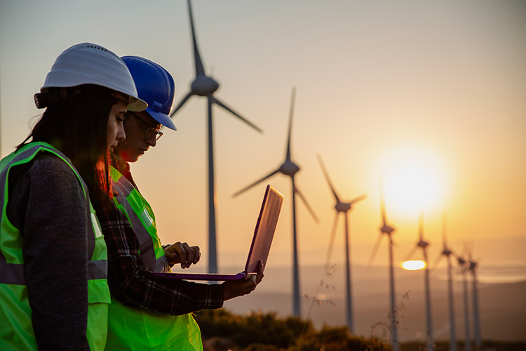 wind farm with people on laptop